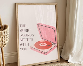 Impresión artística "La música es mejor contigo": Ilustración de tocadiscos (descarga digital)