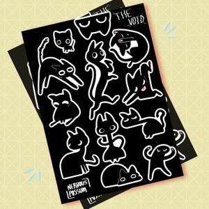 May include: Black sticker sheet featuring various cartoon cat illustrations with white outlines. The text "THE VOID" is at the top, and "NERVOUS POSSUM" is at the bottom. The stickers are on a black background.