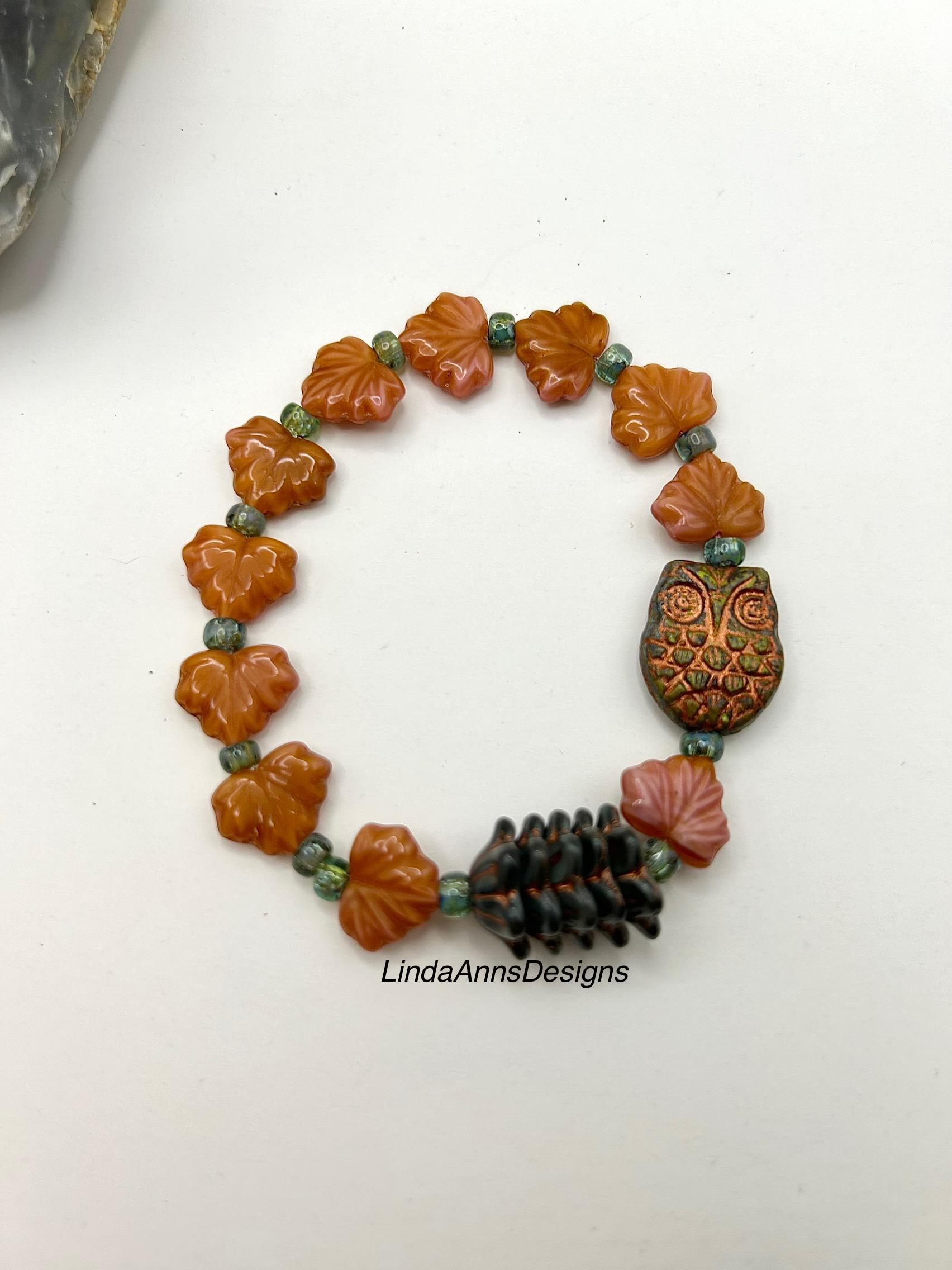 Owl Focal Bracelet, Maple Leaves, Bell Flowers, Czech Beads