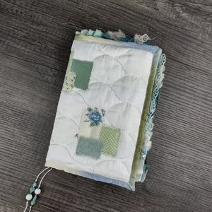 Handmade Floral Junk Journal, Green and Blue - Patchwork Quilt Cover, 9"x6" - 1 Signature, 84 Pages