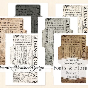 Fonts & Florals - Design 1 - Neutrals - DIGITAL Envelope Pages, Printable Vintage Textured Ephemera, Creams, Greys, and Browns, 6 Pages
