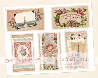 French Florals Journaling Cards DIGITAL Sheet, 5 Journal Cards with a Background Paper, 2 Printable Pages