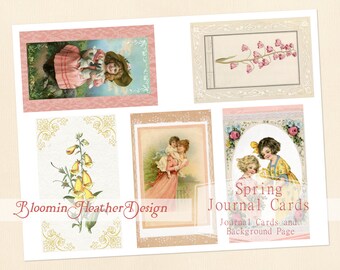 Spring Florals Journaling Cards HOJA DIGITAL, 5 tarjetas de diario con papel de fondo, 2 páginas imprimibles