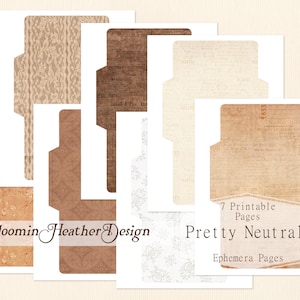 May include: A collection of seven printable ephemera pages with a neutral color palette. The pages feature various vintage-inspired designs, including floral patterns, aged paper textures, and text overlays. The text "Pretty Neutrals" and "Bloomin Heather Design" are visible.