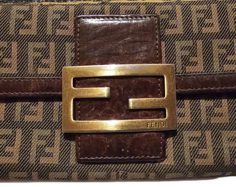 vintage Authentique portefeuille long en toile marron FF Fendi Baguette ~ fabriqué en Italie ~ EUC