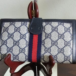 Vintage Gucci Sherry Line Blue Coated Canvas and Leather Slim Wallet 70's/80s