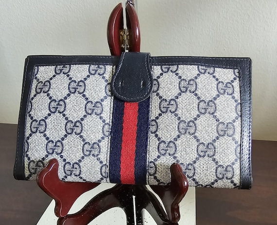 Vintage Gucci Sherry Line Blue Coated Canvas and Leather