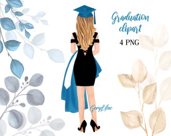 Clipart de graduation de fille à l’aquarelle, Graduation PNG, Téléchargement instantané, 23800, Graduation
