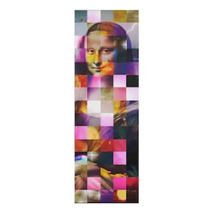 May include: A long, rectangular art piece featuring a mosaic of the Mona Lisa portrait. The artwork is composed of numerous colorful squares, with hues of yellow, pink, purple, and blue. The image is a modern interpretation of the classic painting.