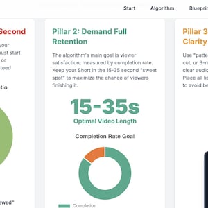 May include: A digital graphic with the title "SHORTS 2025" and information on video content creation. The image is divided into sections, including "Pillar 1: Win the First Second" and "Pillar 2: Demand Full Retention", with charts and text.