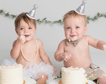 Silver and White Party Hat, Holiday Birthday Party, Neutral Party Hat, Little Blue Olive, First Birthday