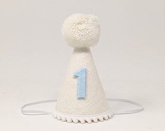 Chapeau de fête d'anniversaire blanc, chapeau de fête d'anniversaire, premier anniversaire, chapeau de fête blanc et rose, petite olive bleue, chapeau de fête en feutre