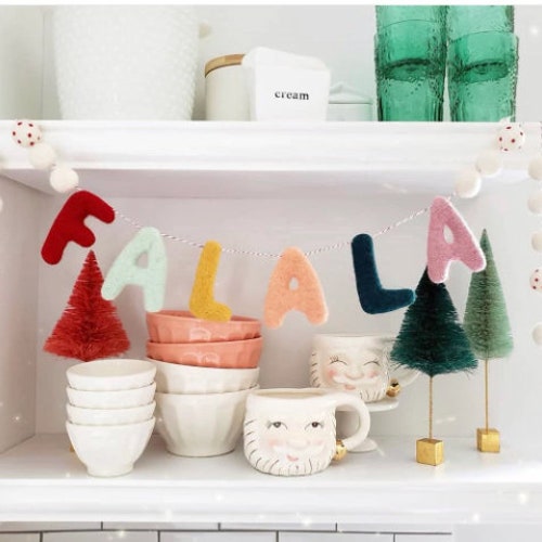 FALALA Garland, Christmas Garland, Christmas Decoration, Christmas Party, Wool Felt Letters, Wool Balls, Mantel Garland, Shelf Garland