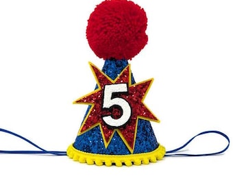 Super Hero Birthday Party Hat: Royal Blue Glitter, Red Pom
