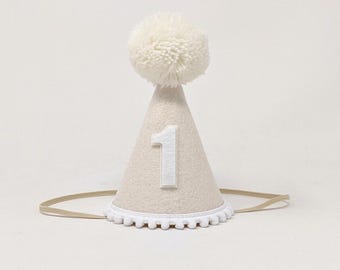 Linen Birthday Party Hat, Birthday Party Hat, Gender Neutral first birthday, White and Linen Party Hat, Little Blue Olive, Felt Party Hat