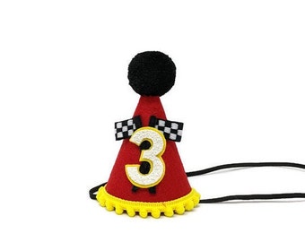 Race Car Birthday Party Hat, Red Felt, Glitter Number