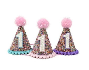 Sombrero para fiesta de primer cumpleaños de niña, con purpurina y caramelos, pompón rosa
