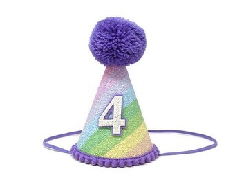 Sombrero de fiesta de primer cumpleaños de la niña, sombrero de fiesta de cumpleaños de 1er cumpleaños, sombrero de fiesta de cumpleaños, sombrero de fiesta de arco iris, raya de arco iris, sombrero de fiesta de purpurina