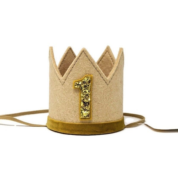 Boy's First Birthday, Tan Felt Crown, Tan and Gold Birthday Crown, Cake Smash, Little Blue Olive