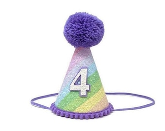 Sombrero de fiesta de primer cumpleaños de la niña, sombrero de fiesta de cumpleaños de 1er cumpleaños, sombrero de fiesta de cumpleaños, sombrero de fiesta de arco iris, raya de arco iris, sombrero de fiesta de purpurina