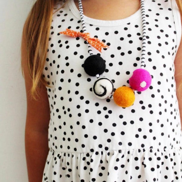 Children's Halloween Necklace, Halloween Necklace, Children's Jewelry, Childs Necklace, Little Blue Olive, Felt Figure, Wool Ball Necklace