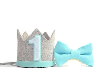 Boy Birthday Crown And Bow Tie Set ||  1st Birthday Party Hat || First Birthday Crown|| Boy Birthday Outfit || Grey + Aqua