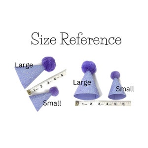May include: Size reference for two purple party hats with white glitter. The larger hat measures 4 inches in diameter and the smaller hat measures 3 inches in diameter.