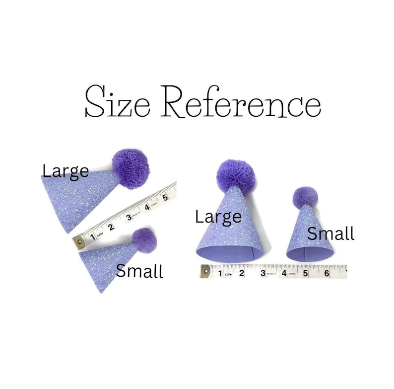May include: Size reference for two purple party hats with white glitter. The larger hat measures 4 inches in diameter and the smaller hat measures 3 inches in diameter.