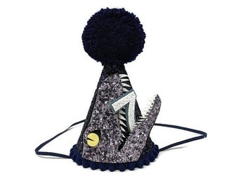 Velociraptor Birthday Party Hat, Navy Glitter, Number Option