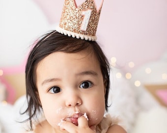 Rose Gold Glitter First Birthday Crown: Blush Pom Trim Cake Smash