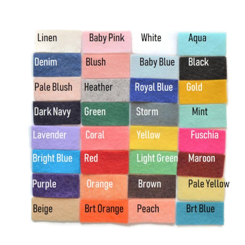 May include: A color chart with 24 fabric swatches, each labeled with a color name. The colors include linen, baby pink, white, aqua, denim, blush, baby blue, black, pale blush, heather, royal blue, gold, dark navy, green, storm, mint, lavender, coral, yellow, fuchsia, bright blue, red, light green, maroon, purple, orange, brown, pale yellow, beige, bright orange, peach, and bright blue.
