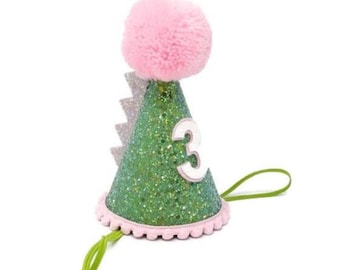 Dinosaur Birthday Party Hat, Dino Birthday Hat, First Birthday Cake Smash, Little Blue Olive, Pink and Green Dinosaur Party