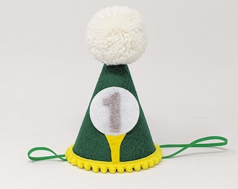 May include: Green and yellow felt party hat with a white pom-pom on top. The hat has a white circle with a gray number "1" in the center.