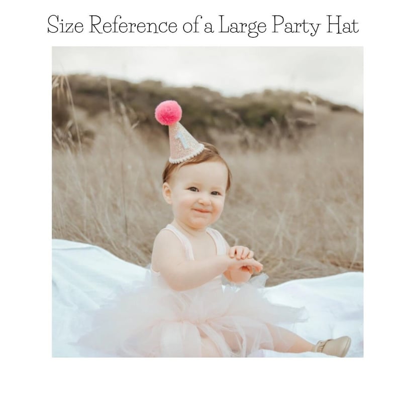 May include: A pink and gold glitter party hat with a pink pom-pom on top. The hat has a white number "1" on the front. A young child is wearing the hat.