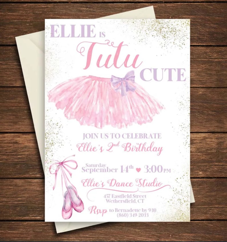 May include: Pink and purple tutu birthday invitation with gold glitter background. The invitation says "Ellie is Tutu Cute" and includes details for a 2nd birthday party.