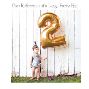 May include: A child wearing a blue and brown donut-patterned onesie and a party hat with a black pom-pom is standing in front of a white wooden fence. A large gold number 2 balloon is floating behind the child.