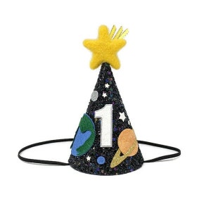 May include: A black felt party hat with a glittery finish and a felt star on top. The hat has a number "1" and images of planets and stars. The hat is attached to a black elastic headband.