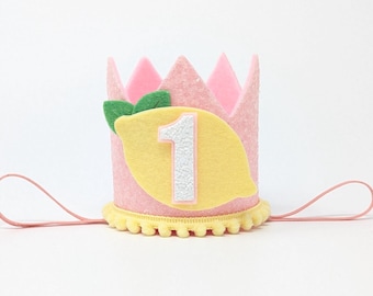 ピンクレモネードの誕生日パーティー、フルーツの誕生日帽子、ピンクレモネード、夏の誕生日、小さな青いオリーブの王冠、1歳の誕生日