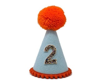 Light Blue and Orange Felt Party Hat, Little Blue Olive, First Birthday, Circus Party
