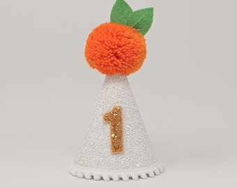 Our Little Cutie Birthday Party Hat: Orange Pom, Glitter Number One