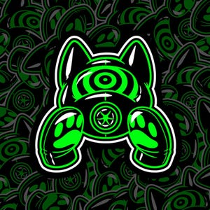 Peut inclure: Un autocollant représentant une tête de chien stylisée portant un masque à gaz, soulignée de blanc et remplie de vert néon. Le fond est un motif répétitif de motifs de tête de chien similaires en noir et vert.