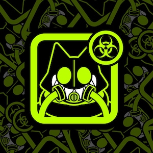 Peut inclure: Un motif graphique noir et vert fluo représentant un personnage stylisé en forme de chat portant un masque à gaz. Le motif comprend un symbole de risque biologique et un motif répété de composants de masque à gaz.