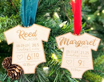 Personalized Baby Birth Stat Ornaments | Baby's First Christmas | Baby Shower | Baby Onesie | Wood Ornament | Christmas 2026