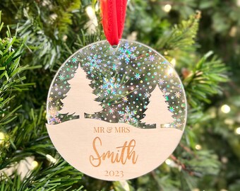 Personalized Mr & Mrs Ornament | Custom Last Name Ornament | Acrylic Holographic Iridescent Snowflakes Wood Ornament | Christmas 2026