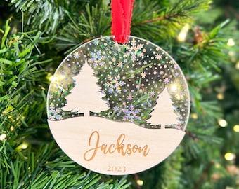 Personalized Kids Christmas Ornament | Custom Name Keepsake | Holographic Snowflake Wood Ornament