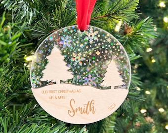 Personalized First Christmas as Mr & Mrs Ornament | Custom Last Name Ornament | Acrylic Holographic Snowflakes Wood Ornament Christmas 2026