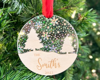 Personalized Family Name Christmas Ornament | Custom Last Name Keepsake | Holographic Snowflake Wood