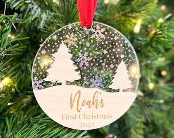 Personalized Baby's First Christmas Ornament | Baby Name Keepsake | Holographic Snowflake Wood Ornament