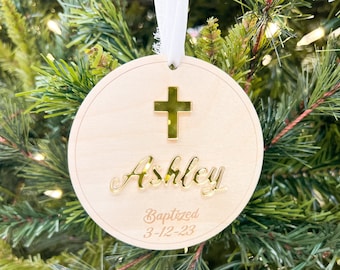 Personalized Christening Ornament | Name Date Baptism Ornament | Wood + Mirrored Gold Acrylic Christened Ornament Keepsake | Baby Dedication