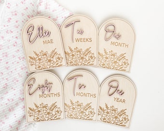 Arched Floral Monthly Milestones Markers | Baby Girl Shower Gift | Newborn Birth Announcement | Laser Engraved Wood Photo Prop | Nursery
